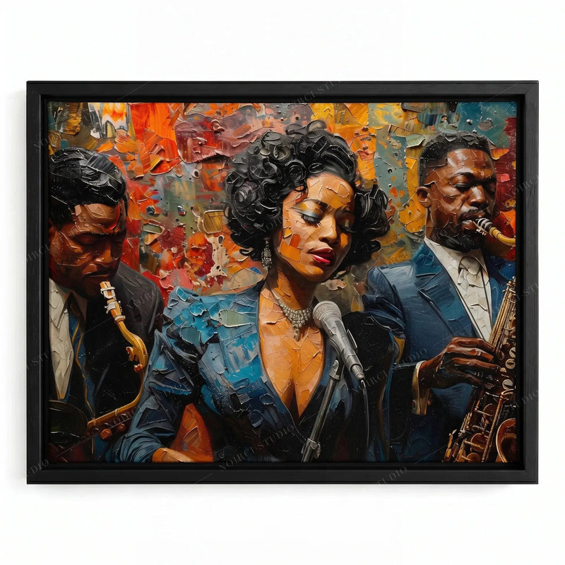 Jazz singer painting in a black floating frame, woman in a teal dress at a microphone flanked by saxophonists