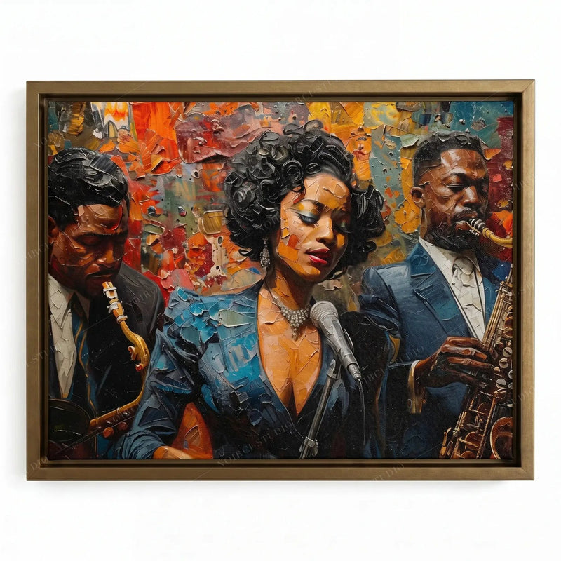 Harlem Renaissance music art in a gold floating frame, singer with a pearl necklace and sax players in thick oils