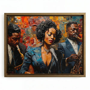 Harlem Renaissance music art in a gold floating frame, singer with a pearl necklace and sax players in thick oils