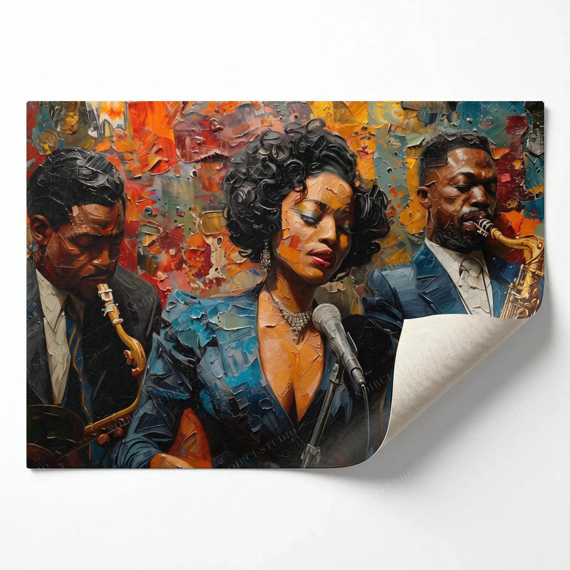 Rolled canvas print of a Black jazz trio painting, curled corner, ready for custom framing
