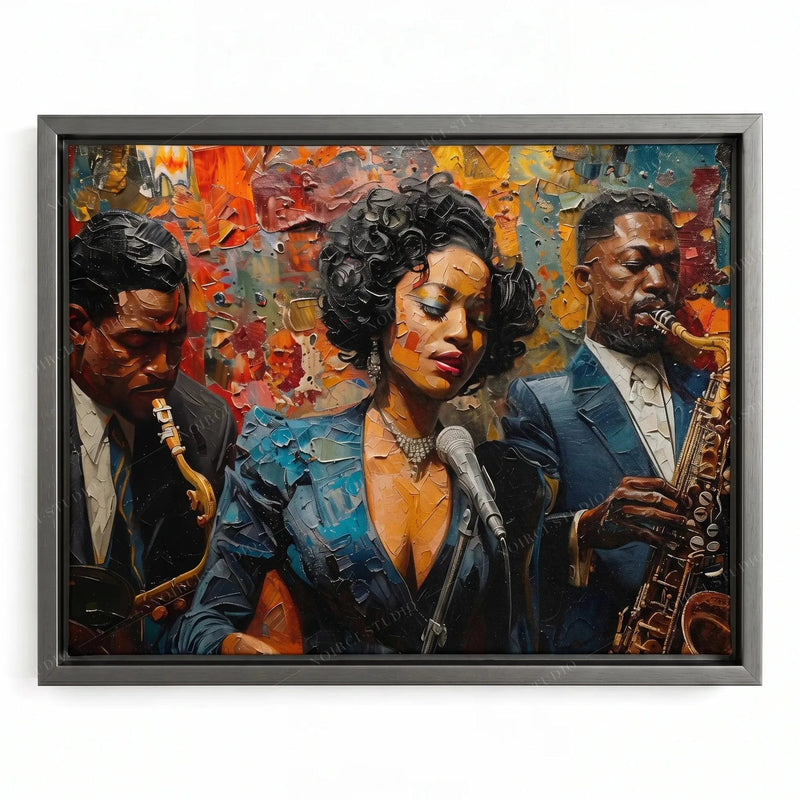 Blues wall art in a silver floating frame, Black jazz vocalist at a microphone with two saxophonists
