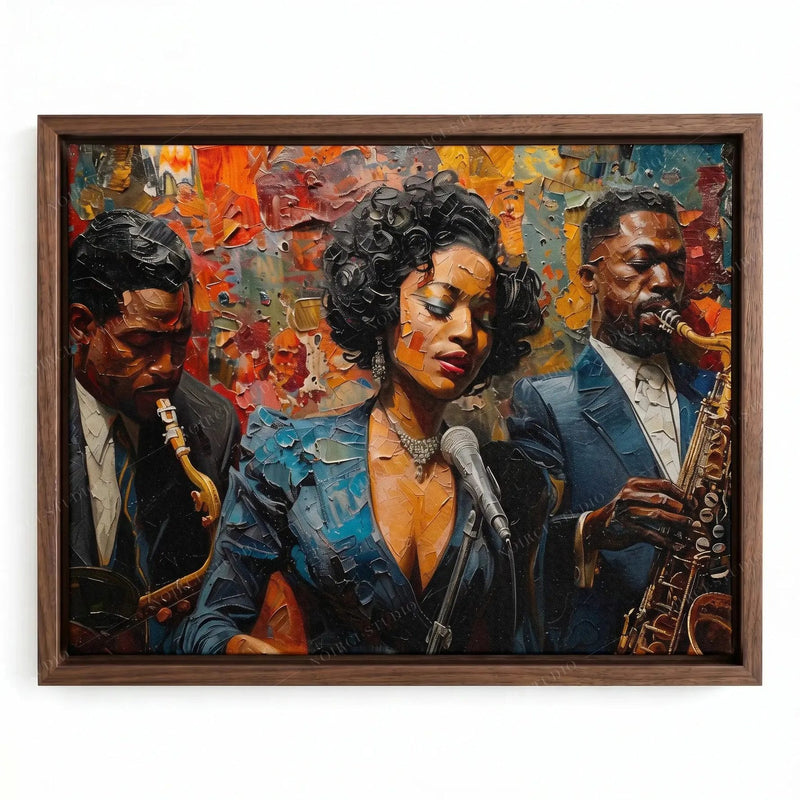 Harlem Renaissance artwork in a walnut floating frame, impasto oil of a Black jazz trio with saxophones