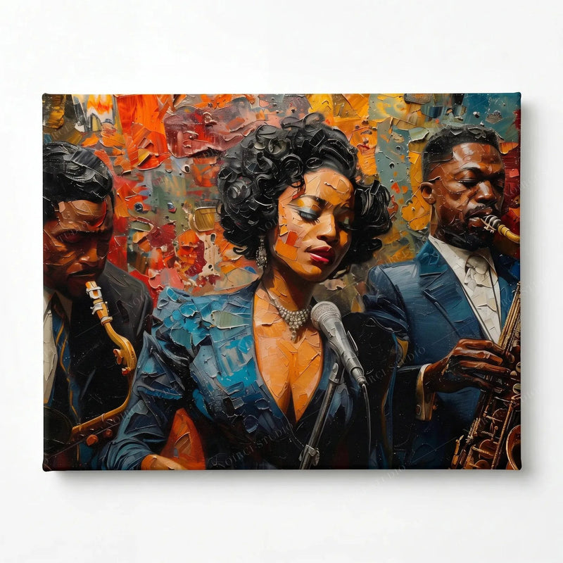 Stretched canvas of a jazz singer and saxophonists in colorful impasto, gallery wrapped and ready to hang