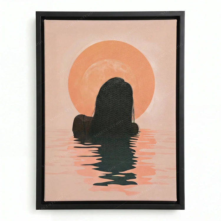 Melanin beach art in a black floating frame, Black woman emerging from dark water before a peach sunrise
