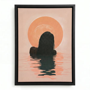 Melanin beach art in a black floating frame, Black woman emerging from dark water before a peach sunrise