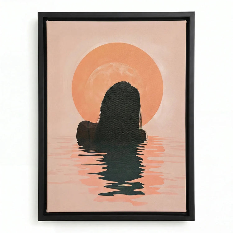 Melanin beach art in a black floating frame, Black woman emerging from dark water before a peach sunrise