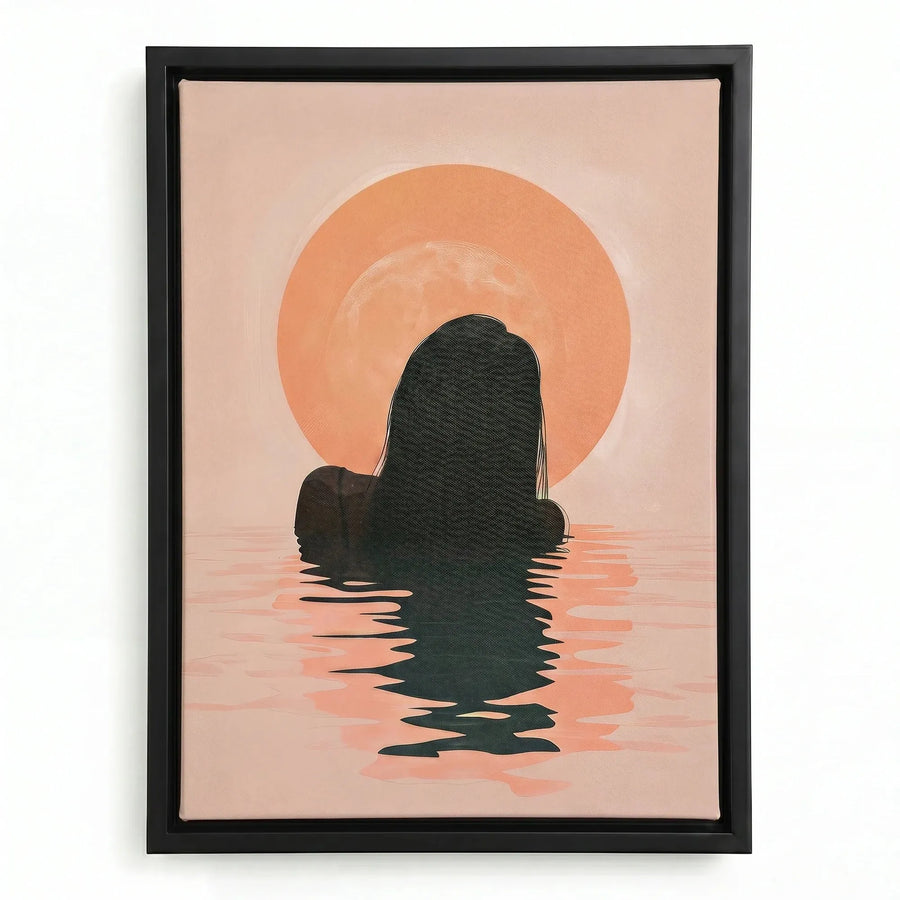 Melanin beach art in a black floating frame, Black woman emerging from dark water before a peach sunrise