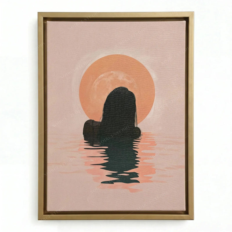 Black girl art print in a gold floating frame, swimmer facing a glowing peach sun with pink water reflections