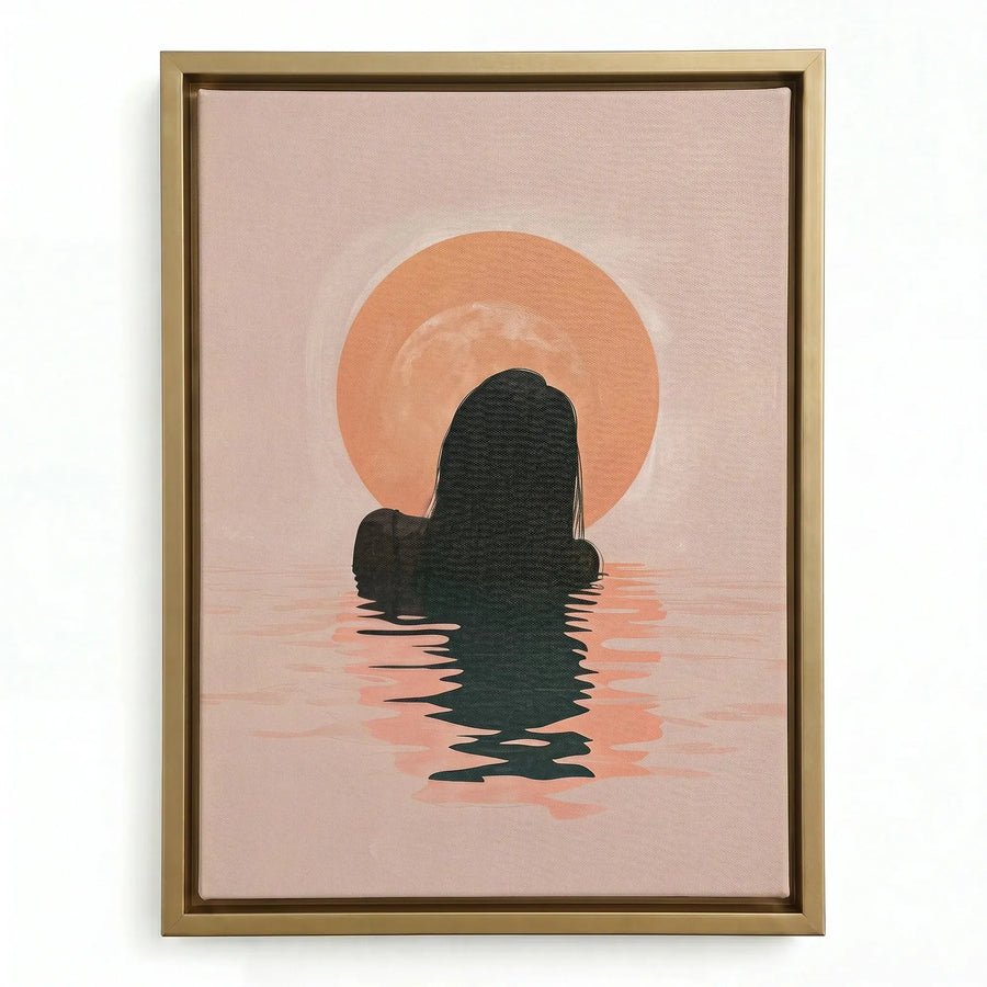 Black girl art print in a gold floating frame, swimmer facing a glowing peach sun with pink water reflections