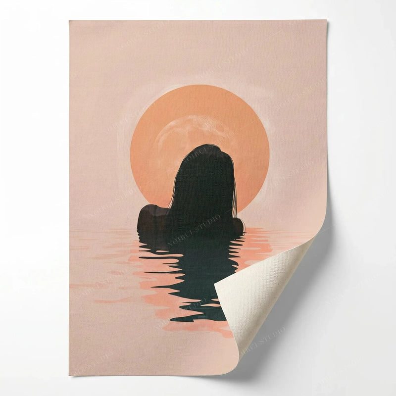 Rolled canvas print of a sunrise swimmer silhouette, ready for custom framing