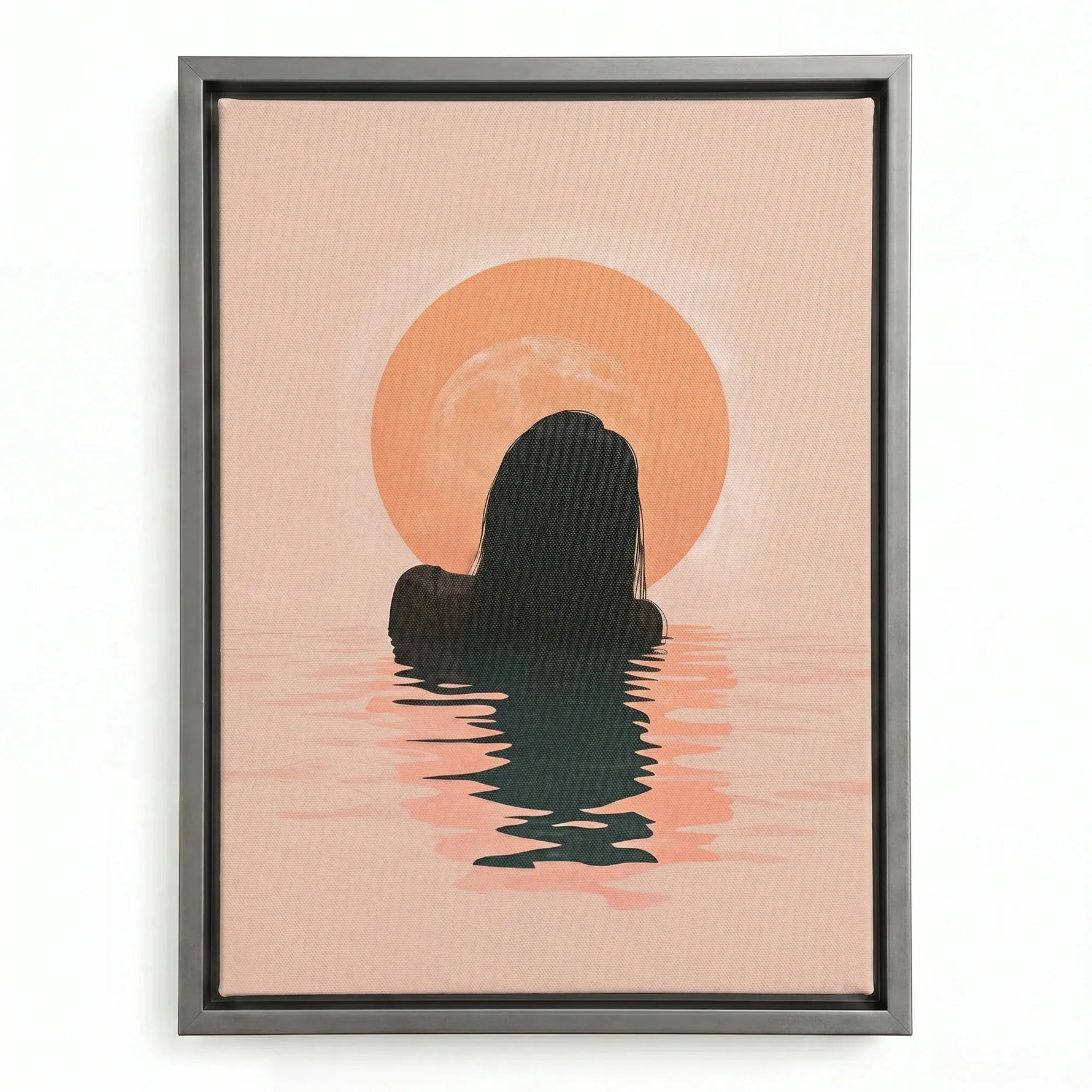 Minimalist Black art in a silver floating frame, woman wading toward the sunrise across rippled pink water