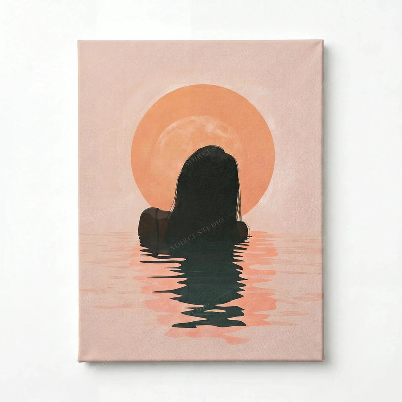 Stretched canvas of a Black woman at sunrise, dark silhouette in blush water, gallery wrapped and ready to hang