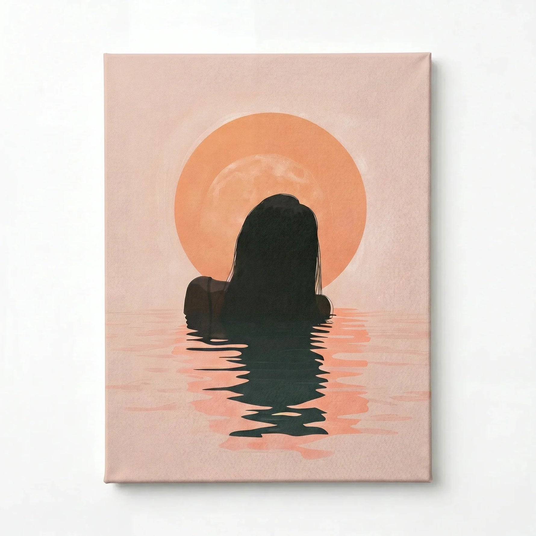 Stretched canvas of a Black woman at sunrise, dark silhouette in blush water, gallery wrapped and ready to hang
