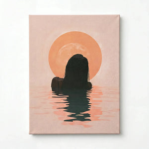 Stretched canvas of a Black woman at sunrise, dark silhouette in blush water, gallery wrapped and ready to hang