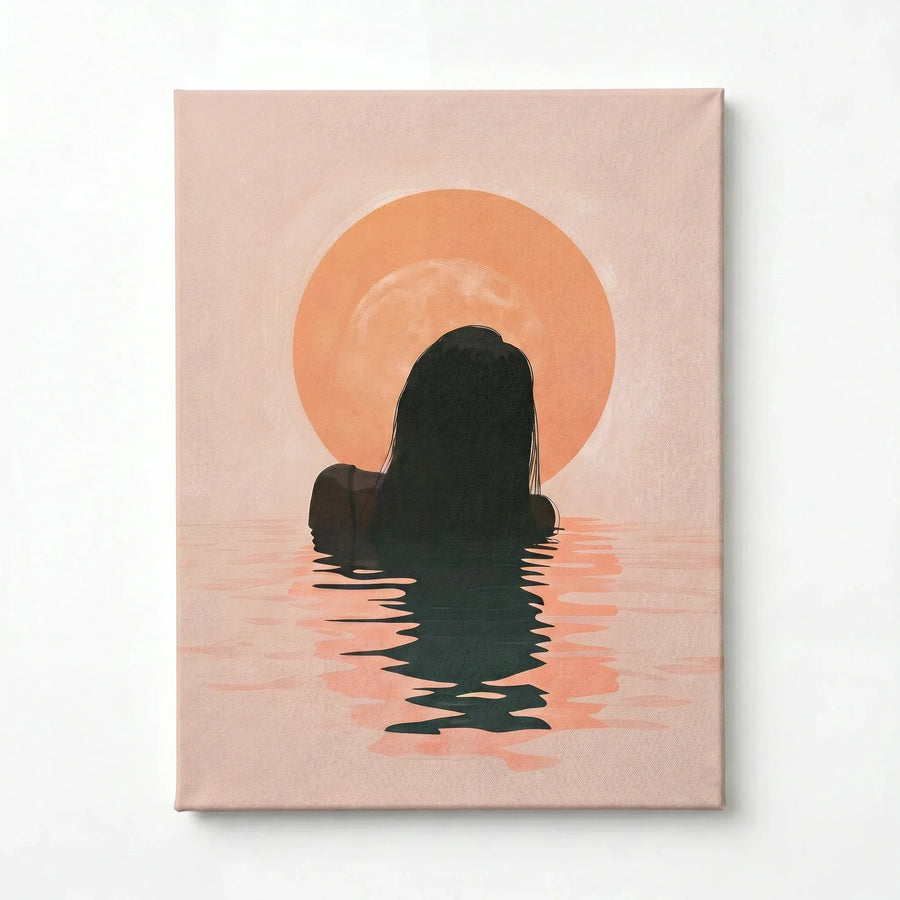 Stretched canvas of a Black woman at sunrise, dark silhouette in blush water, gallery wrapped and ready to hang