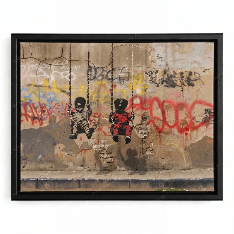 Black kids wall art in a black floating frame, stencil graffiti of two boys on swings against a weathered city wall