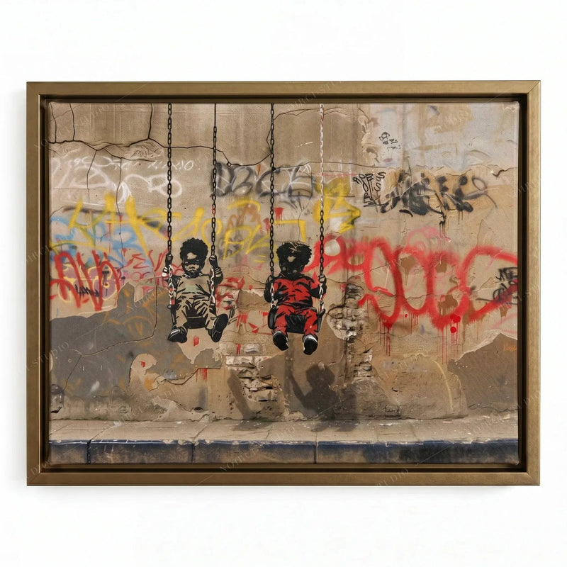 Banksy style Black art in a gold floating frame, boys on chain swings spray-painted on a cracked wall