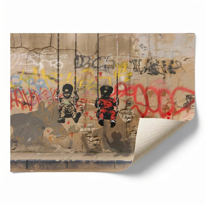 Rolled canvas print of two boys on swings street art, ready for custom framing