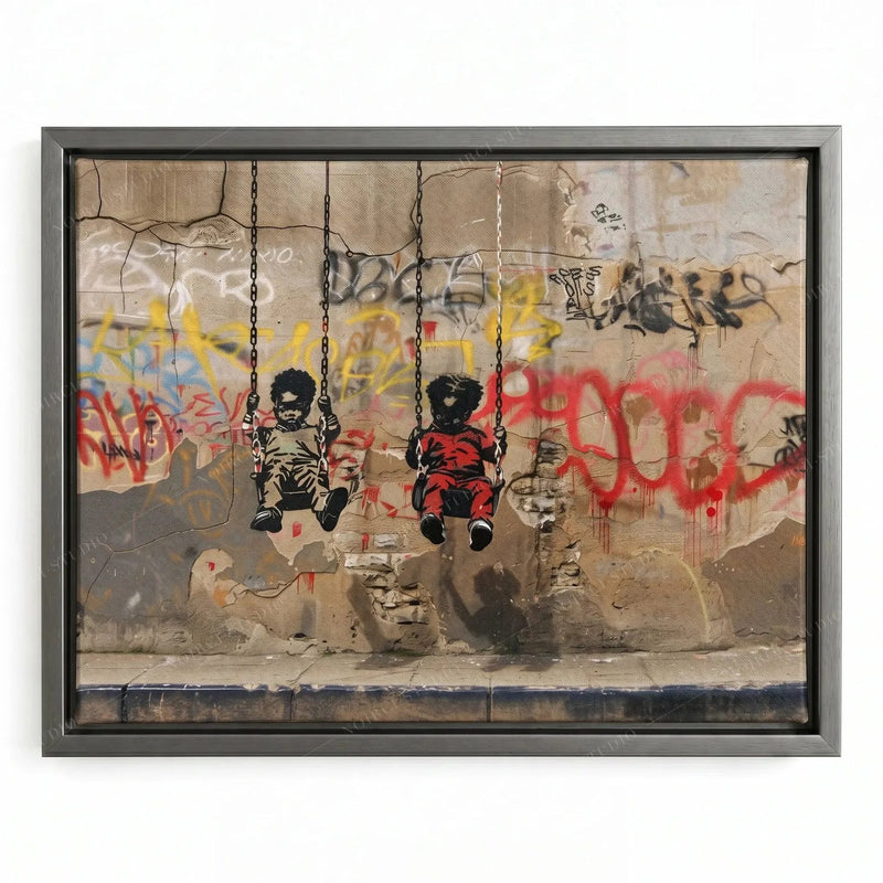Urban Black wall art in a silver floating frame, stencil boys on swings with red graffiti tags