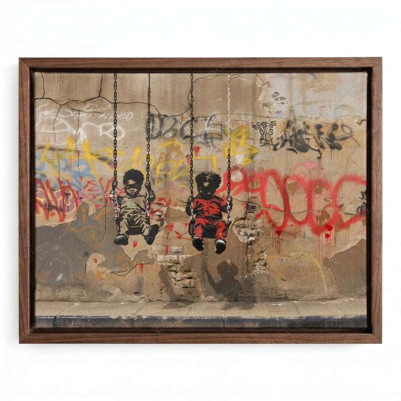 Street art canvas in a walnut floating frame, two Black boys swinging in front of red and yellow graffiti