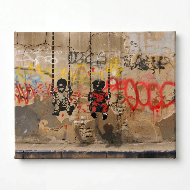Stretched canvas of the boys on swings graffiti scene, ready to hang