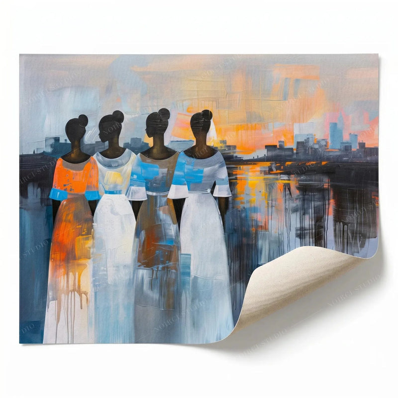 Rolled canvas print of four Black women watching a city sunset, curled corner shown, ready for custom framing
