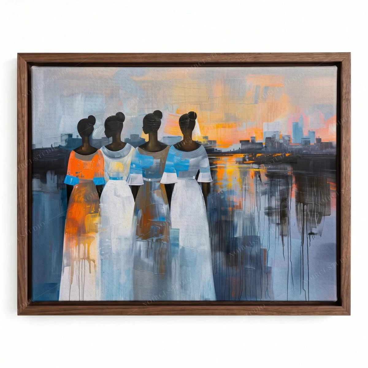 African canvas art in a walnut floating frame, four sisters seen from behind watching an orange harbor sunset
