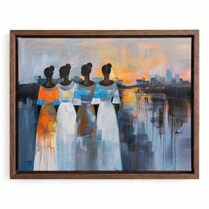 African canvas art in a walnut floating frame, four sisters seen from behind watching an orange harbor sunset