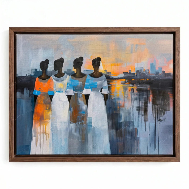 African canvas art in a walnut floating frame, four sisters seen from behind watching an orange harbor sunset