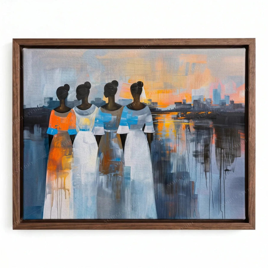African canvas art in a walnut floating frame, four sisters seen from behind watching an orange harbor sunset