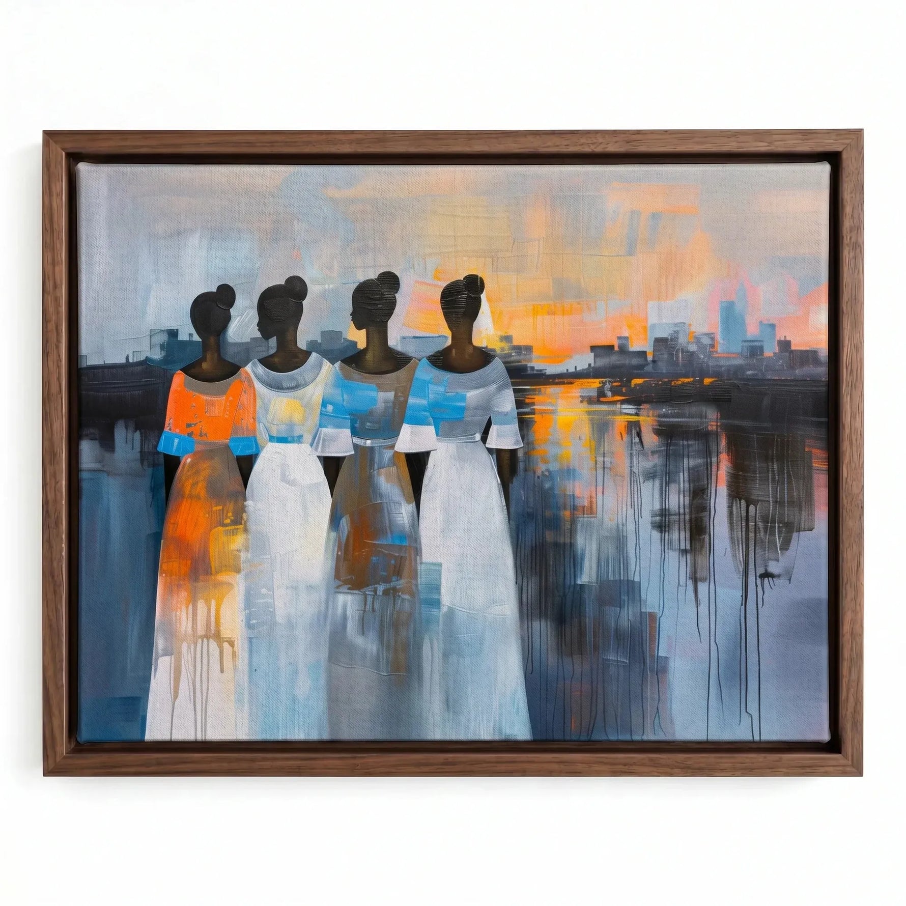 African canvas art in a walnut floating frame, four sisters seen from behind watching an orange harbor sunset