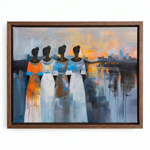 African canvas art in a walnut floating frame, four sisters seen from behind watching an orange harbor sunset