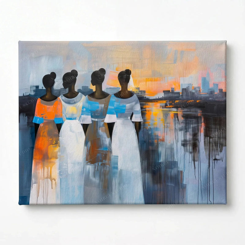 Stretched canvas, ready to hang, four women in painted dresses at the water's edge under a peach and blue sunset sky
