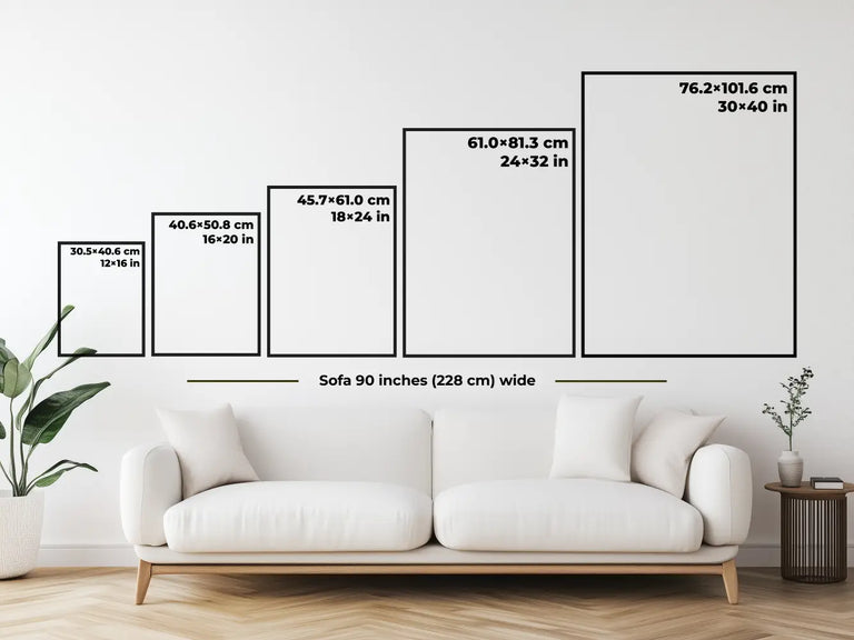 Vertical canvas wall art size guide showing dimensions for portrait orientation prints