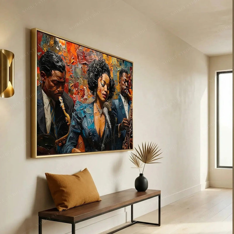 Modern Black art for an apartment hallway, jazz trio above a bench with a mustard pillow and gold sconce