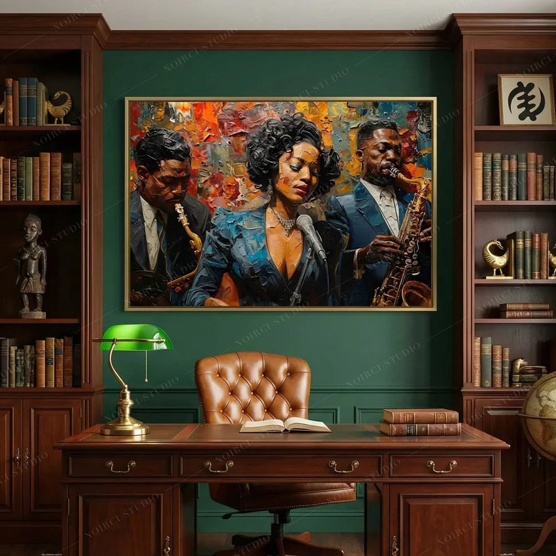 African American art for a home office, jazz singer painting on a green wall between walnut bookshelves