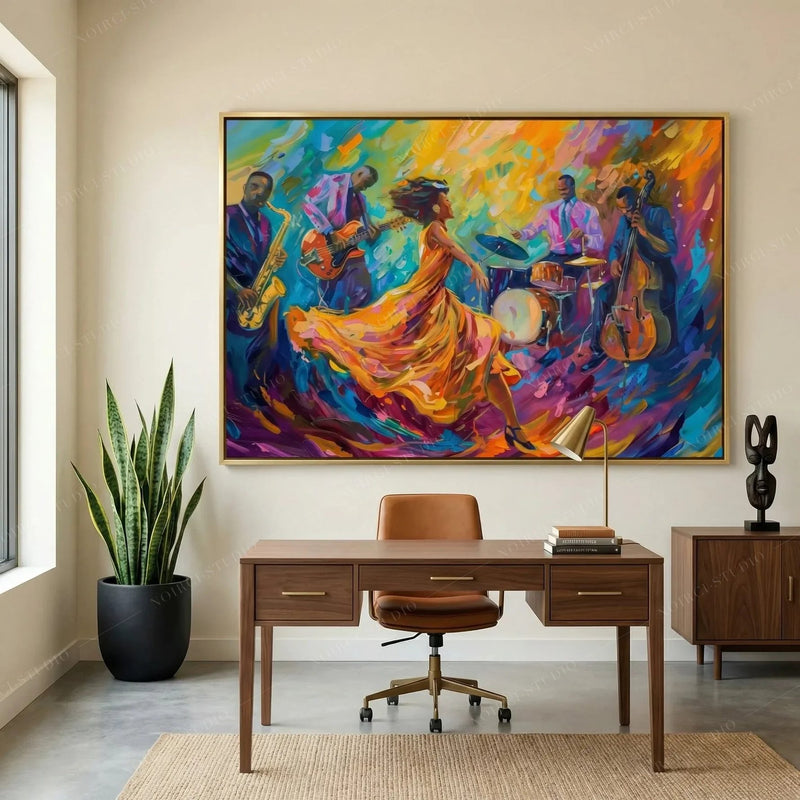 Black home office art, jazz quartet and dancer painting above a walnut desk with a leather chair and snake plant