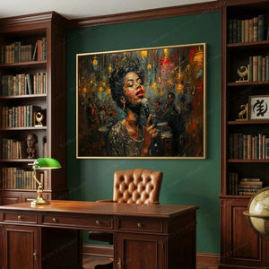 Black home office art, blues singer painting on an emerald wall between walnut bookshelves and a leather chair