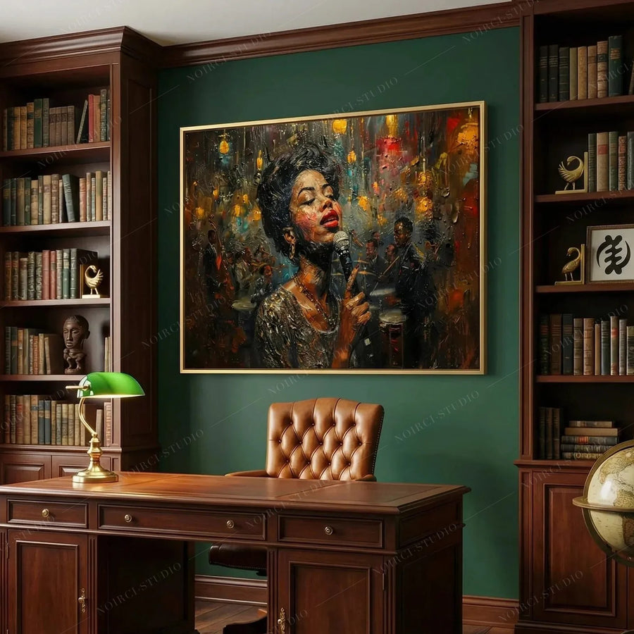 Black home office art, blues singer painting on an emerald wall between walnut bookshelves and a leather chair