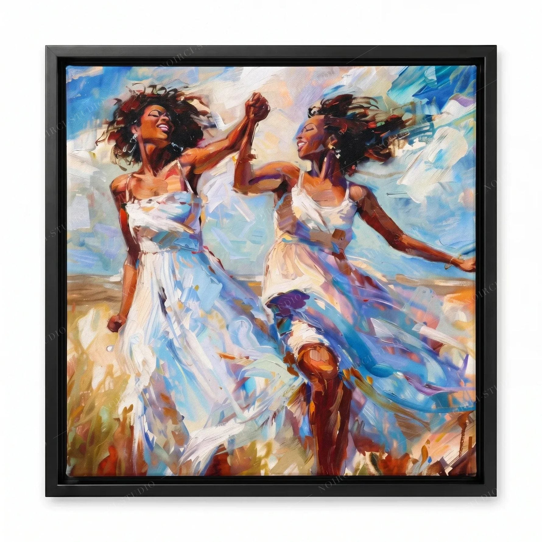 Two Black women dancing in white sundresses, expressionist oil painting in a black floating frame