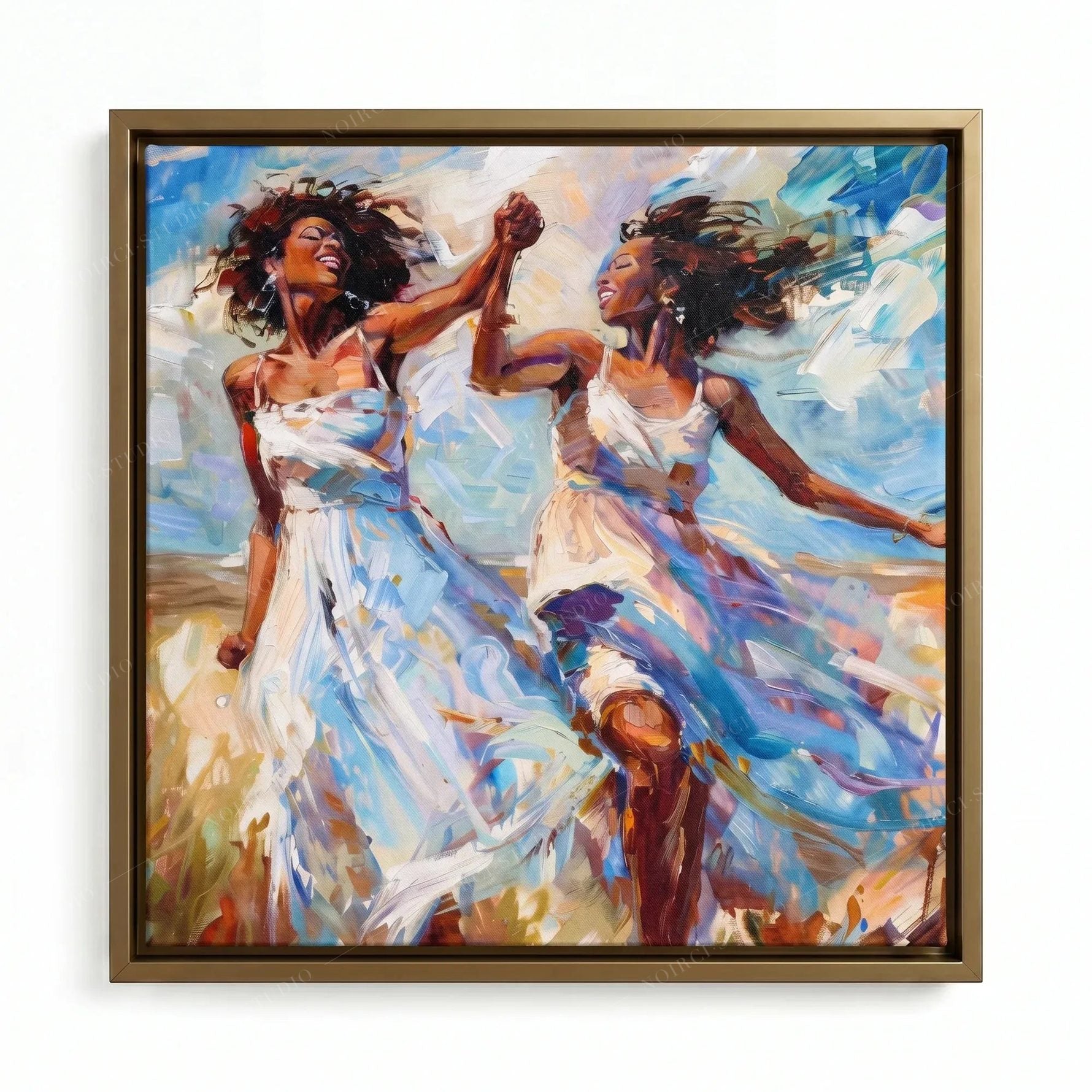 Black girl magic art in a gold floating frame, joyful women in white dresses dancing with windswept hair