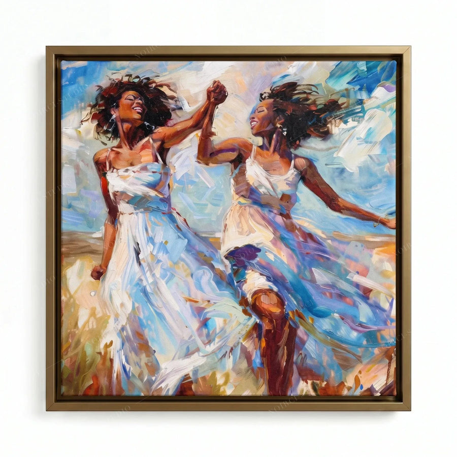 Black girl magic art in a gold floating frame, joyful women in white dresses dancing with windswept hair