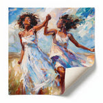 Rolled canvas print of two women dancing with curled corner, ready for custom framing