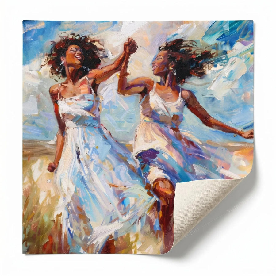 Rolled canvas print of two women dancing with curled corner, ready for custom framing