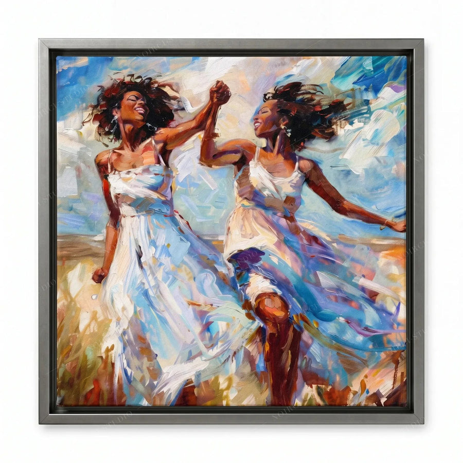 Melanin art canvas in a silver floating frame, impasto painting of two women dancing in a sunlit field
