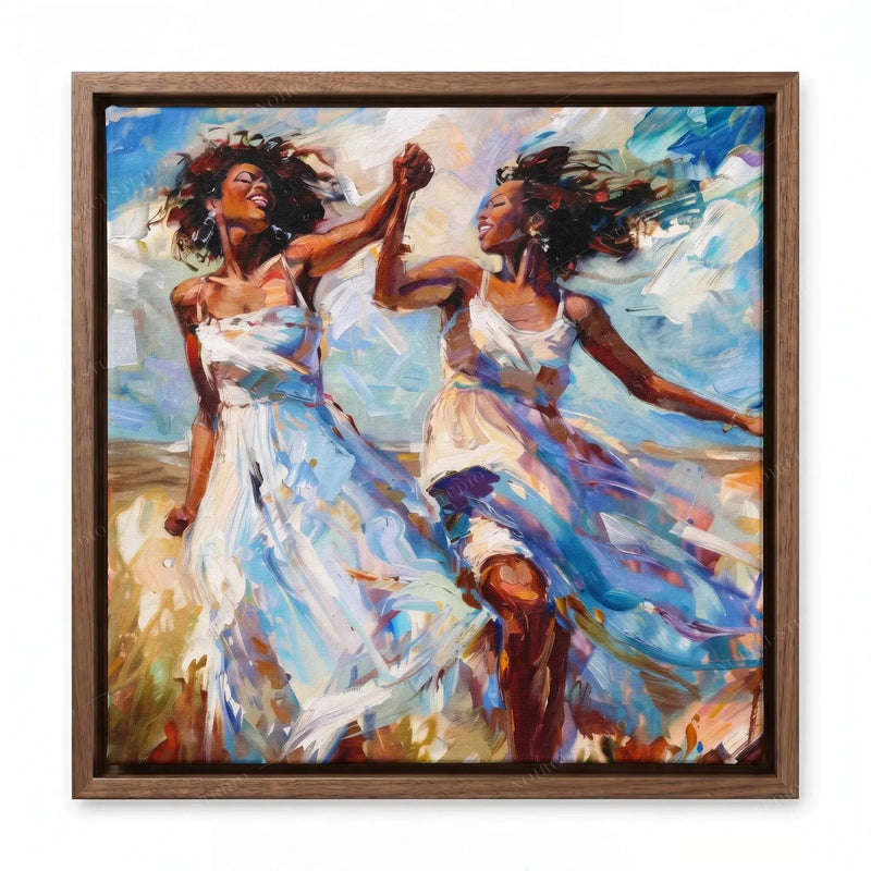 Black women wall art in a walnut floating frame, two friends in sundresses twirling hand in hand under a blue sky