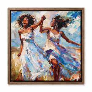 Black women wall art in a walnut floating frame, two friends in sundresses twirling hand in hand under a blue sky