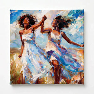 Stretched canvas, ready to hang, two Black women twirling in white sundresses in a sunlit field