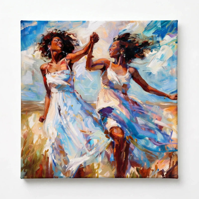 Stretched canvas, ready to hang, two Black women twirling in white sundresses in a sunlit field