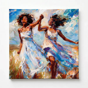 Stretched canvas, ready to hang, two Black women twirling in white sundresses in a sunlit field